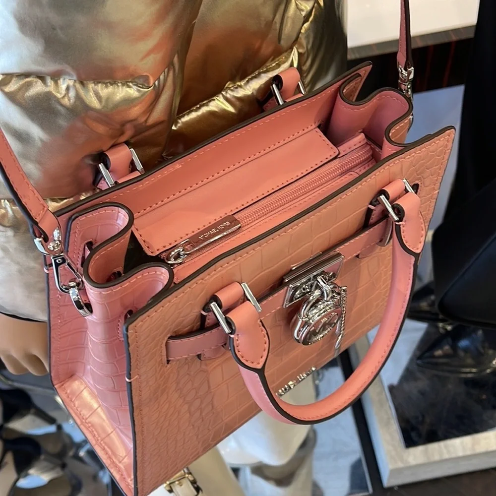 MICHAEL KORS Hamilton Small Crocodile Embossed Faux Leather Satchel Primrose NWT